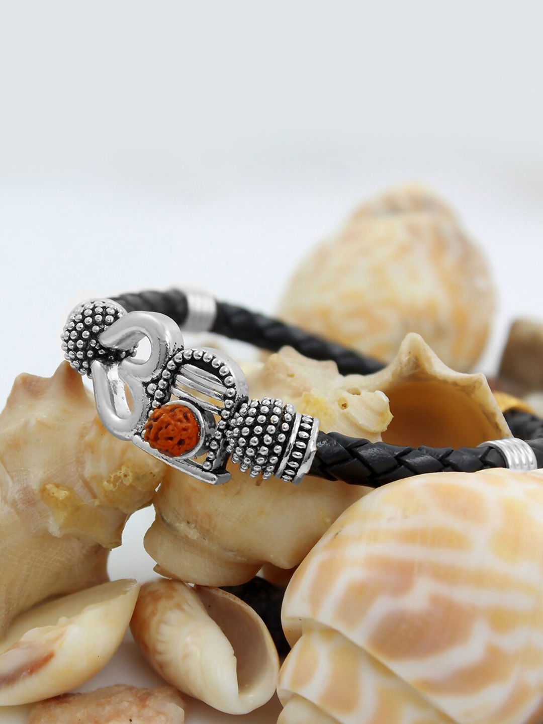 

NAKABH Men Silver Toned Silver Plated Brass Charm PU Leather Bracelet