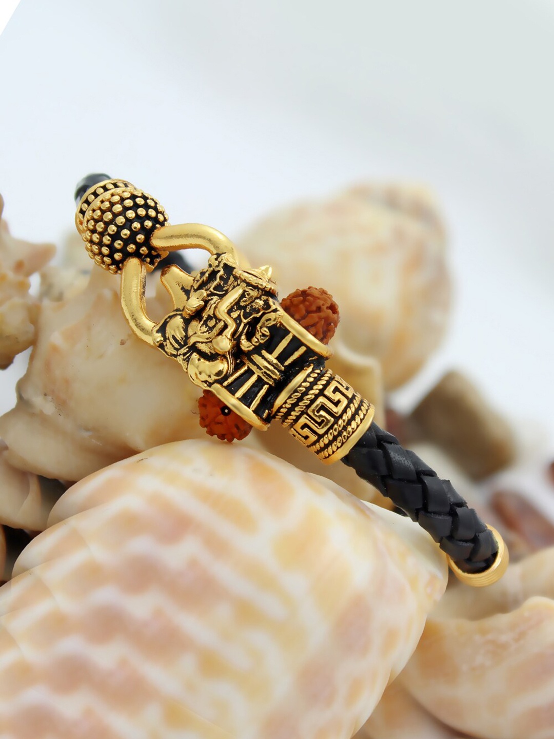 

NAKABH Men Gold-Toned & Black Brass Oxidised Gold-Plated Wraparound Bracelet