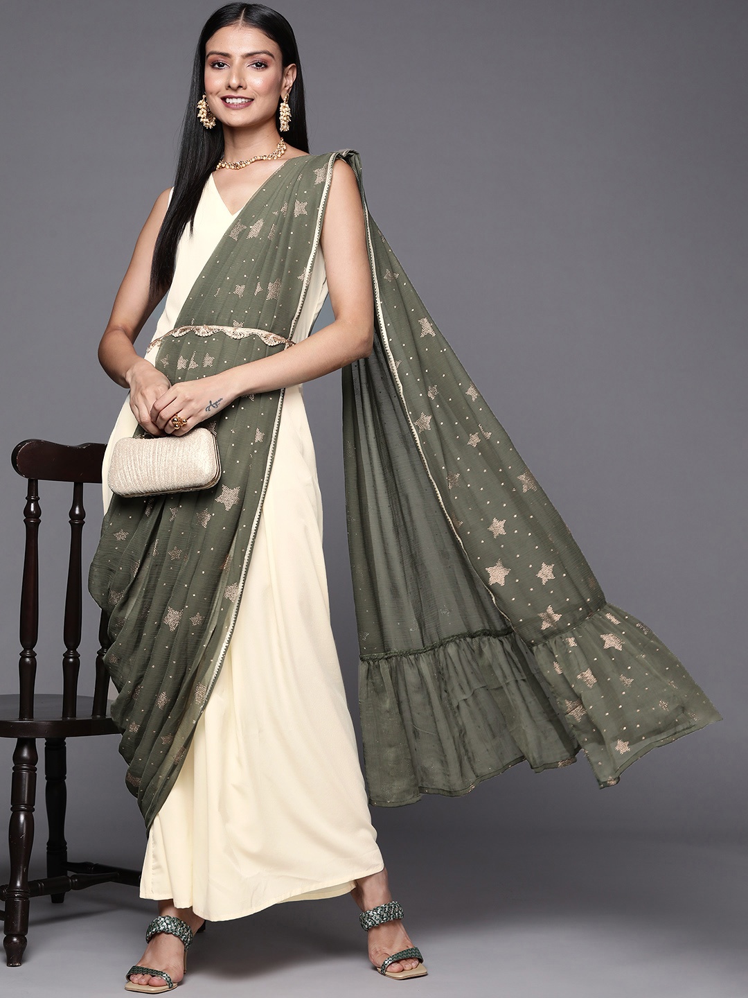 

Ahalyaa Off White & Olive Green Ethnic Maxi Dress with Attached Dupatta