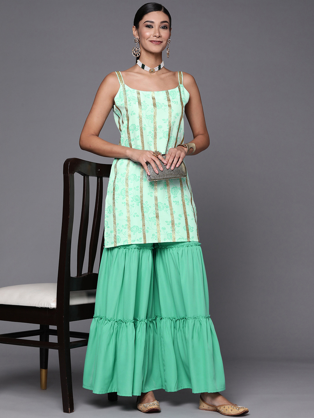 

Ahalyaa Blue & Gold Floral Printed & Striped Straight Kurti with Sharara