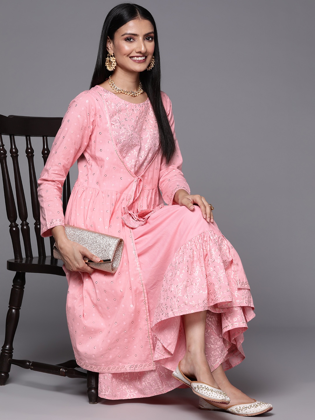 

Ahalyaa Pink & Gold Ethnic Printed Layered Front Slit Cotton Anarkali Kurta Palazzos