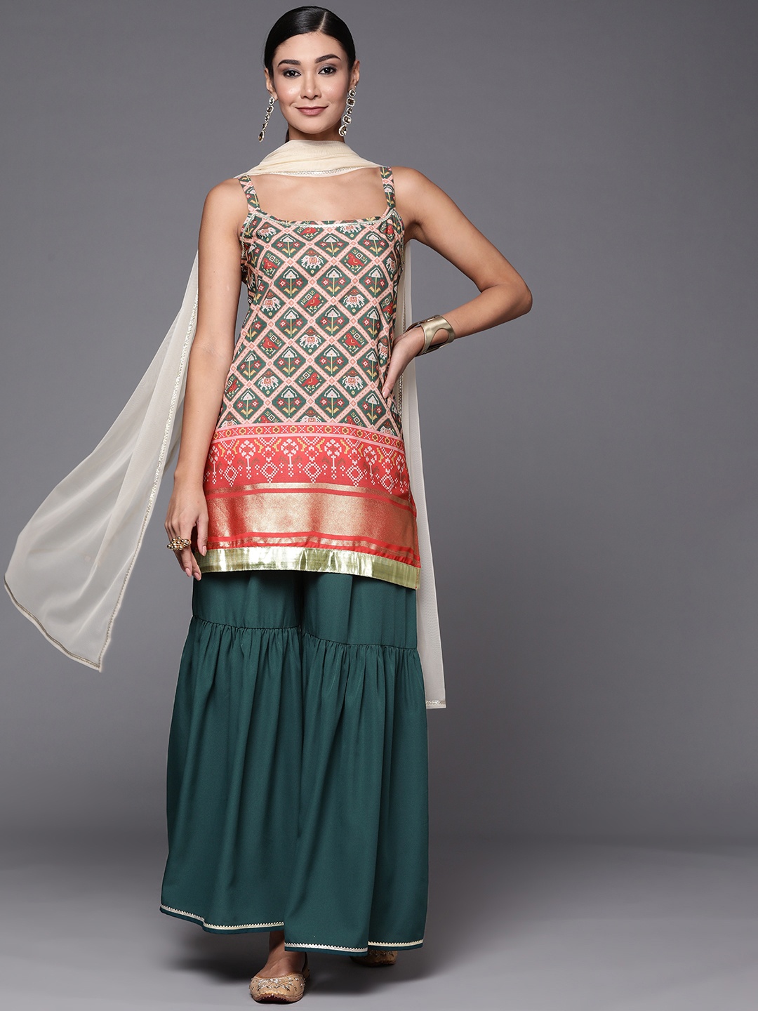

Ahalyaa Women Green & Red Ethnic Motifs Print Kurti with Sharara & Dupatta