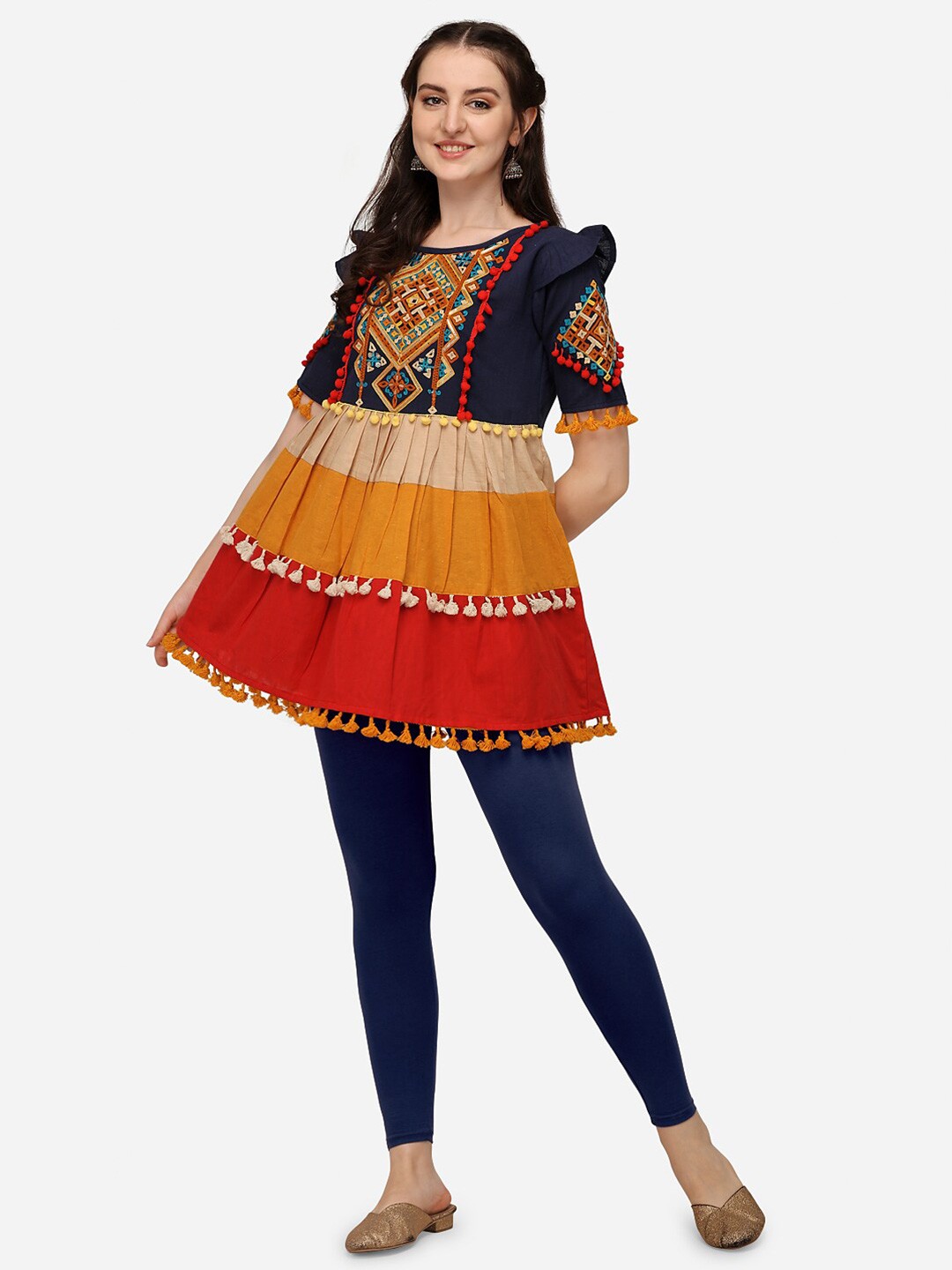 

MESMORA FASHION Multicoloured Ethnic Motifs Embroidered Organic Cotton Khadi Handloom Empire Kurti, Multi