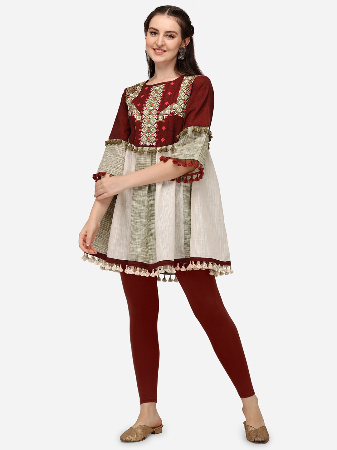 

MESMORA FASHION Floral Embroidered Flared Sleeves Organic Cotton Kurti, Maroon