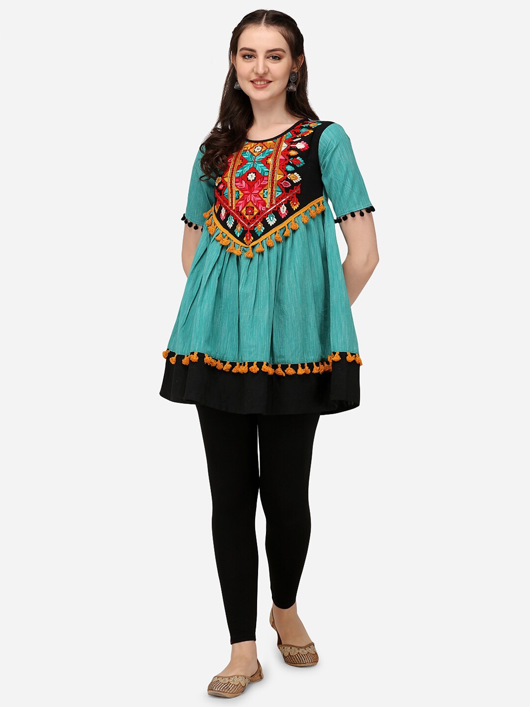 

MESMORA FASHION Sea Green Ethnic Motifs Embroidered Mirror Work Organic Cotton Khadi Handloom Mirror Work Kurti