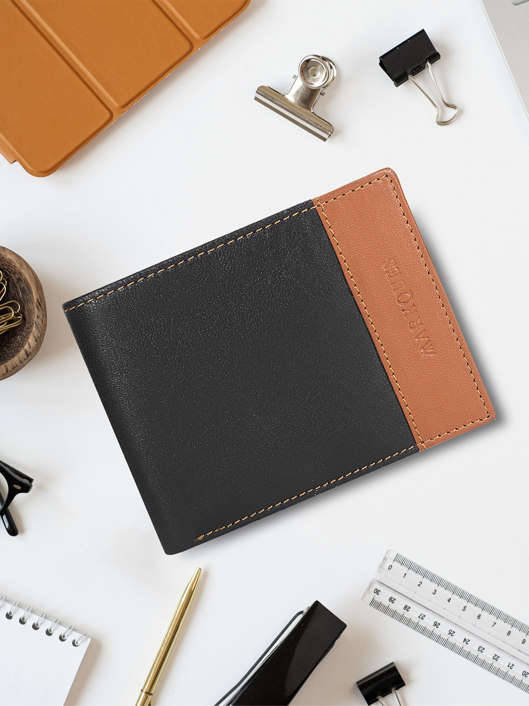 

MARKQUES Men Black Leather Two Fold Wallet with SIM Card Holder