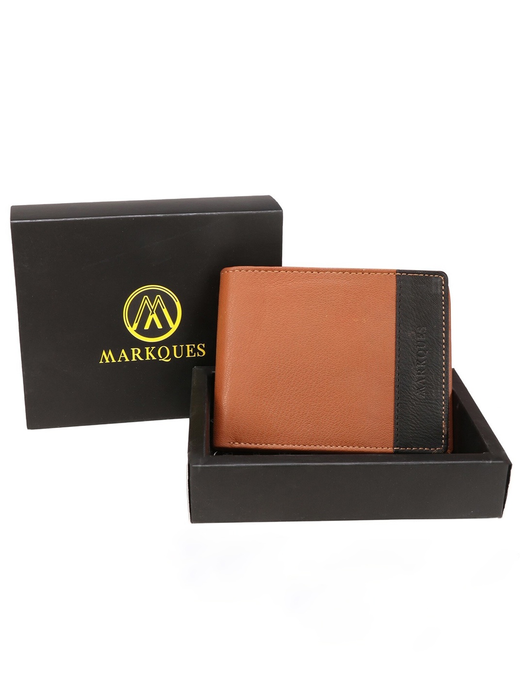 

MARKQUES Men Tan & Black Leather Two Fold Wallet with SIM Card Holder