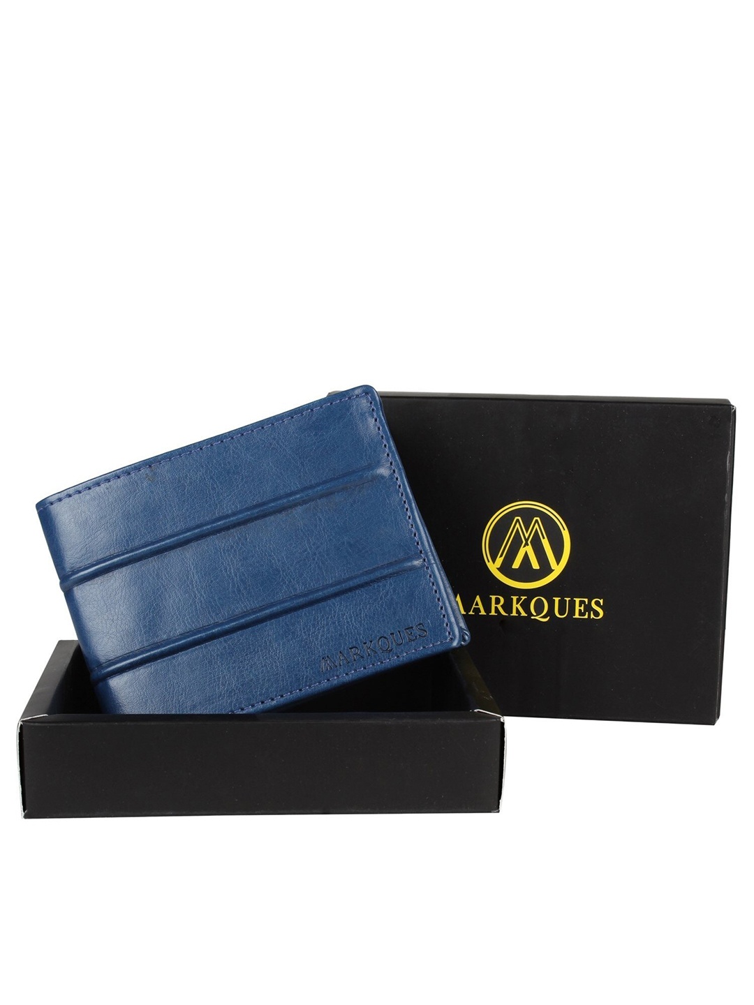 

MARKQUES Men Blue Striped Leather Two Fold Wallet with SIM Card Holder