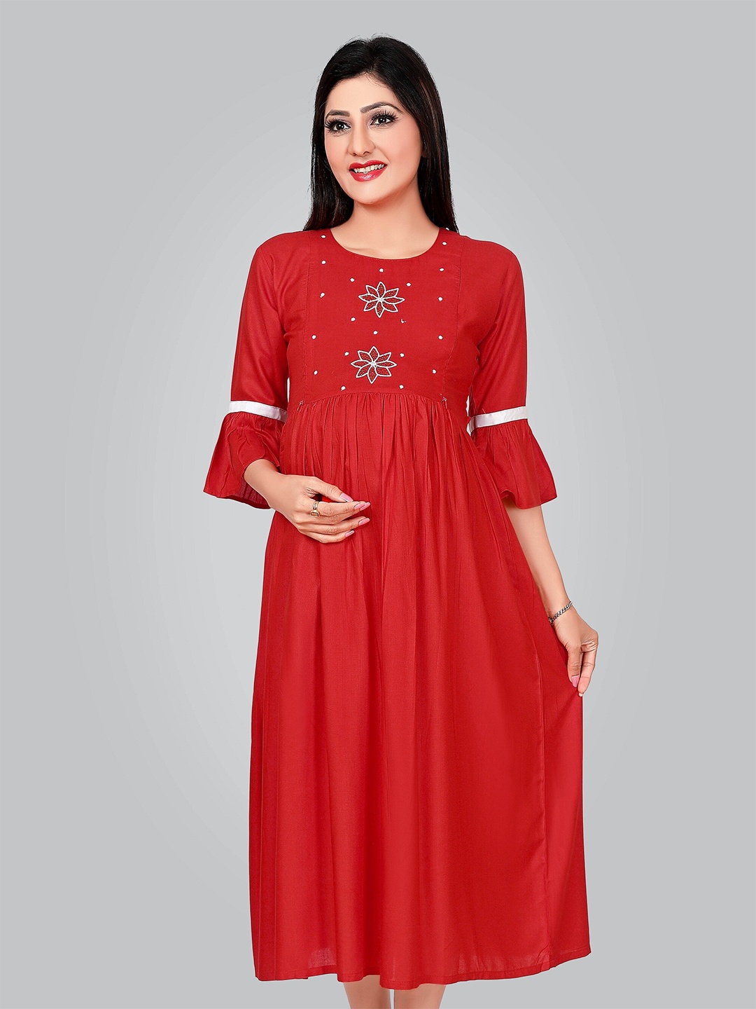 

Ayukti Red A-Line Maternity Feeding Maxi Midi Dress For Women with 2 Side Zippers