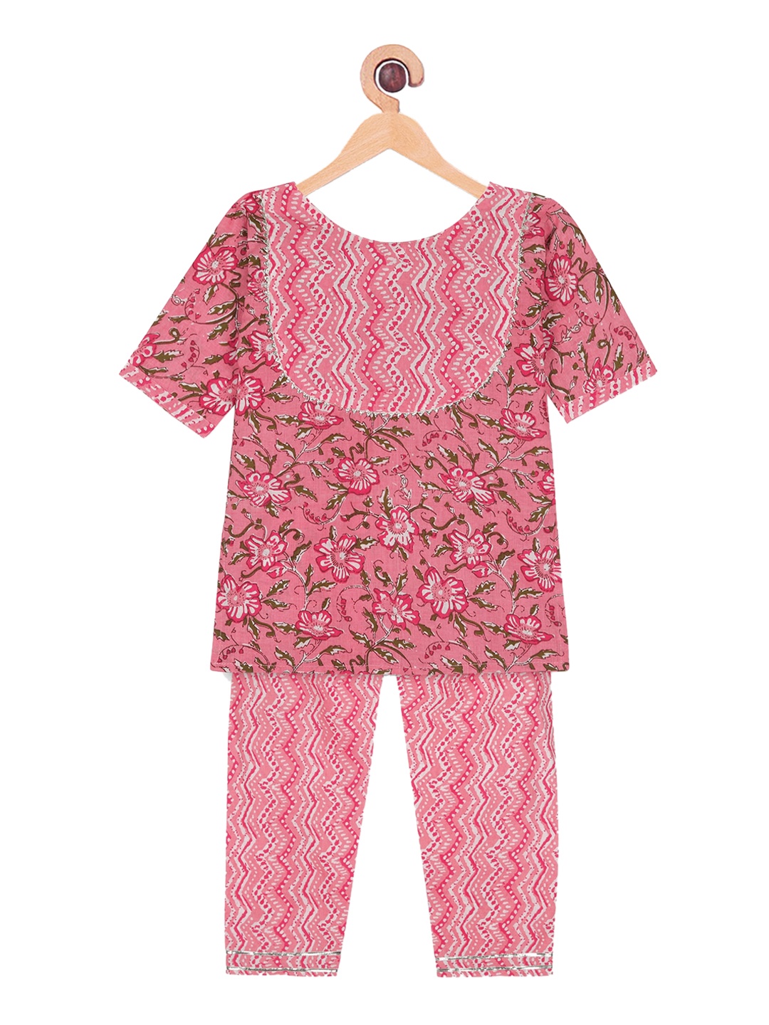 

Ka-mee Girls Pink Floral Printed Pure Cotton Kurti with Trousers