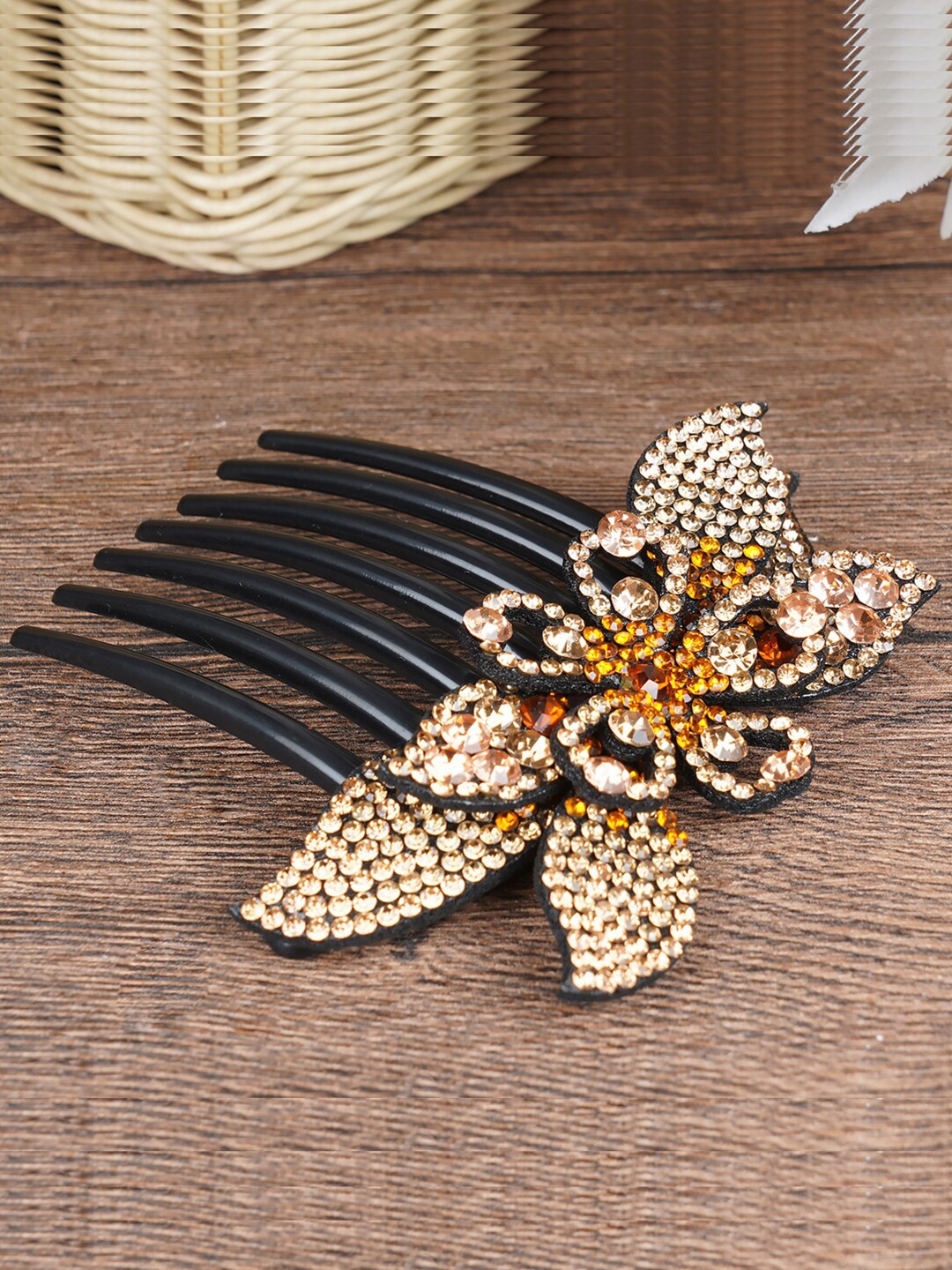 

MIZORRI Women Gold-Toned & Black Hair Side Comb Crystal Bride Wedding Rhinestone
