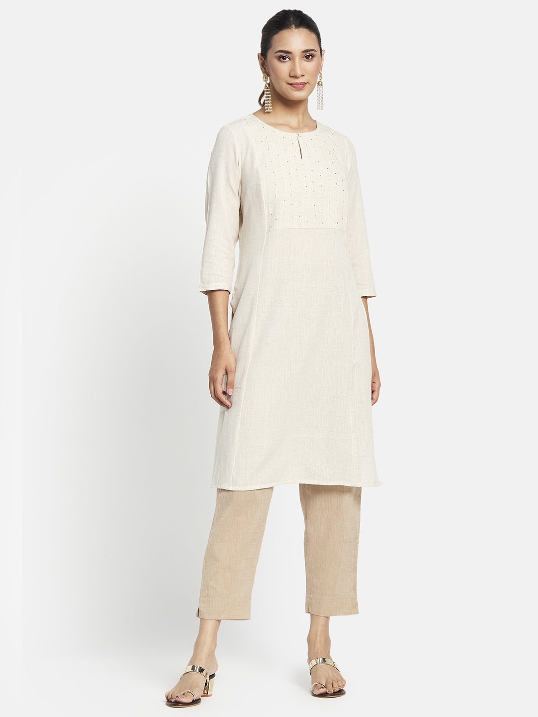 

Fabindia Women Off White Pure Cotton Yoke Design Keyhole Neck Kurta