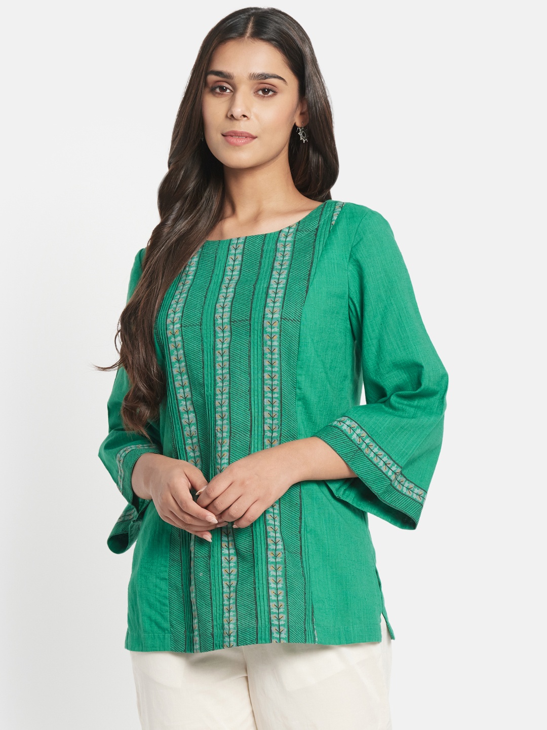 

Fabindia Green & Black Hand Block Print Pure Cotton Top