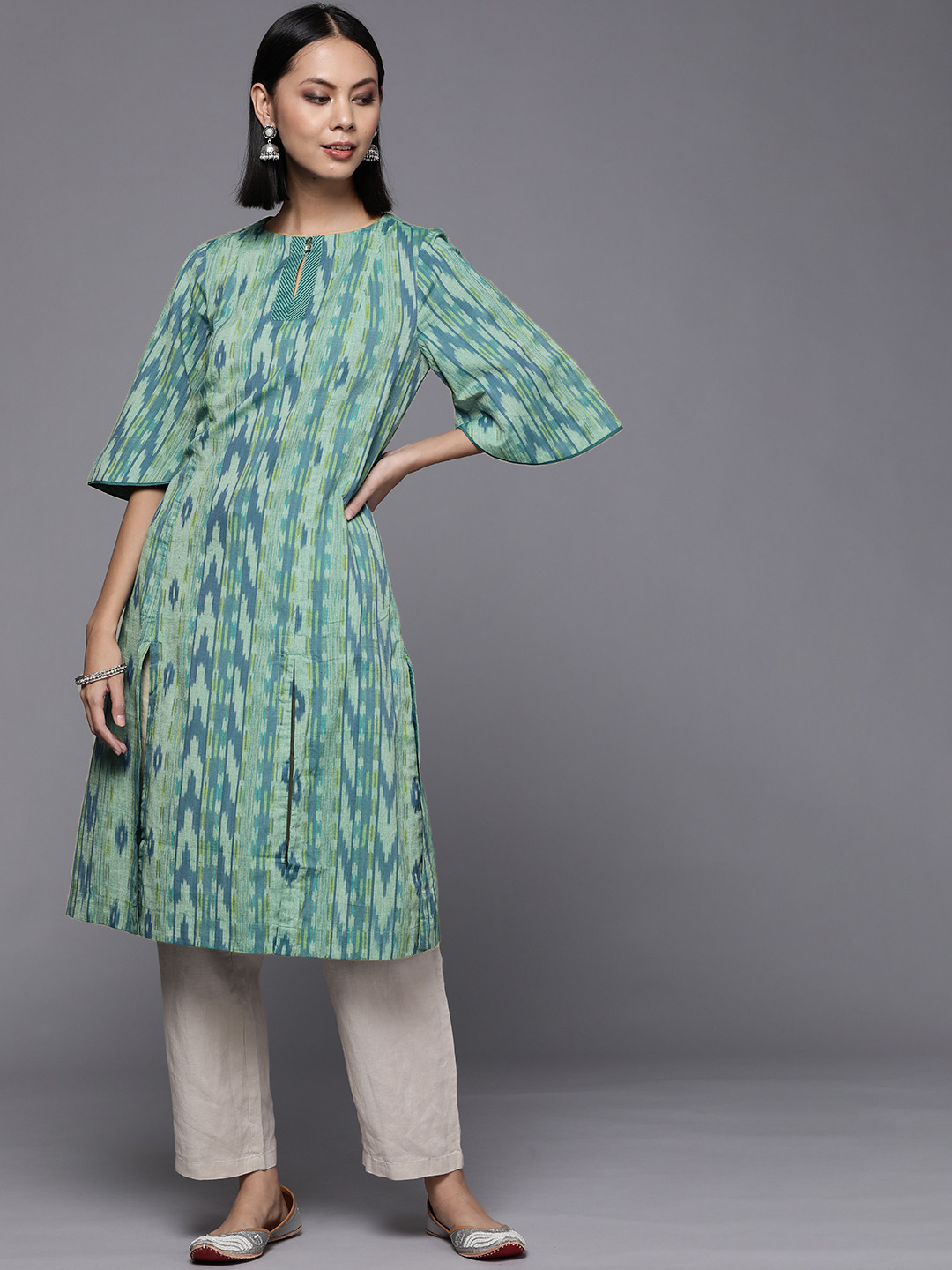 

Fabindia Women Sea Green & Blue Printed Keyhole Neck Flared Sleeves Pure Cotton Kurta