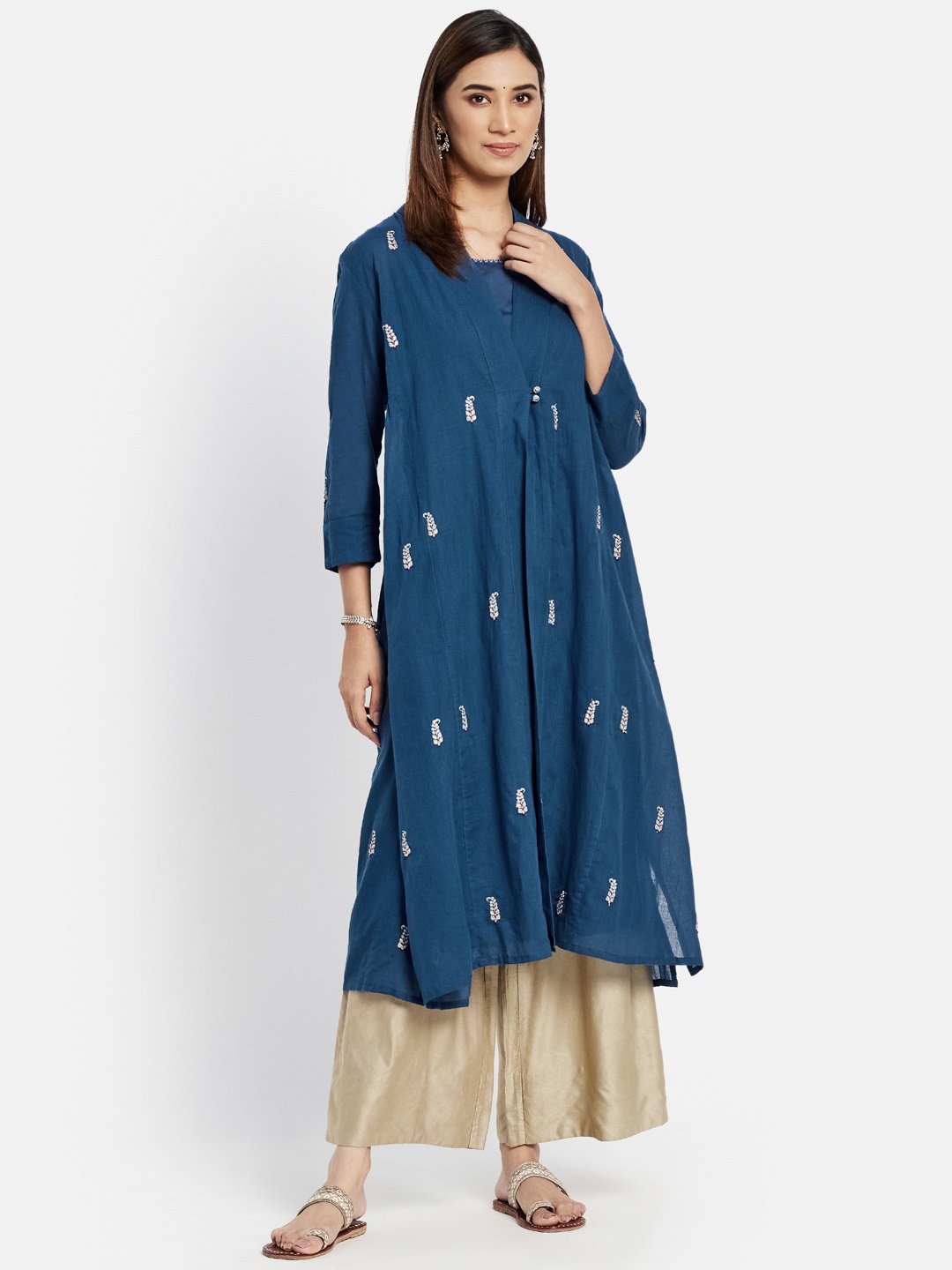 

Fabindia Women Blue & Golden Ethnic Motifs Embroidered Pure Cotton Kurta