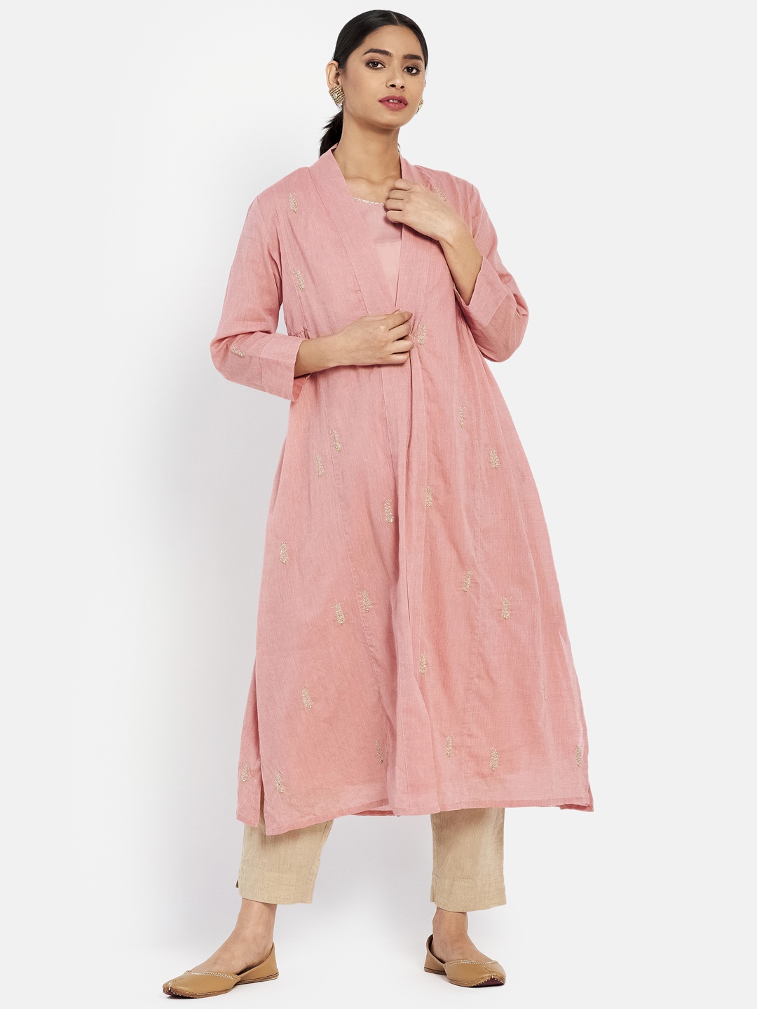 

Fabindia Women Pink A-Line Kurta with Embroidered Detail