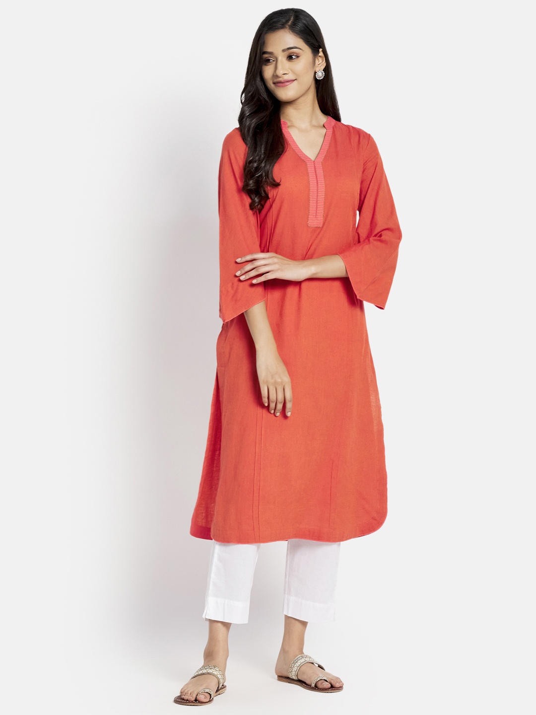 

Fabindia Women Orange Pure Cotton Straight Kurta