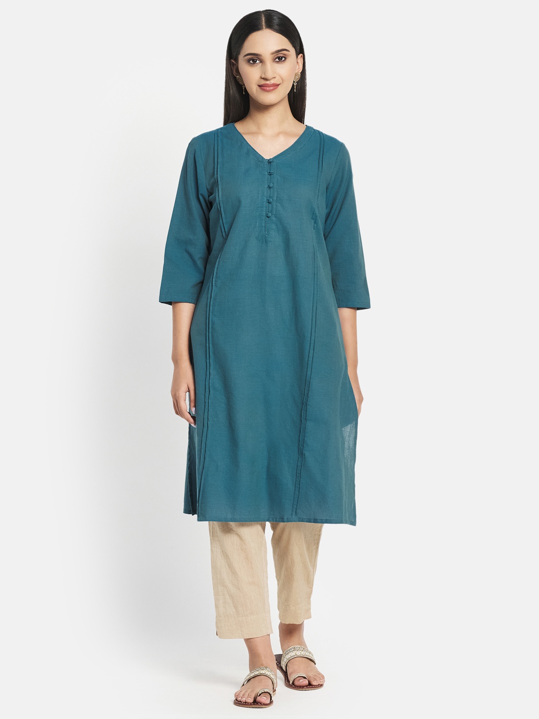 

Fabindia Women Teal Blue Pure Cotton Solid Kurta