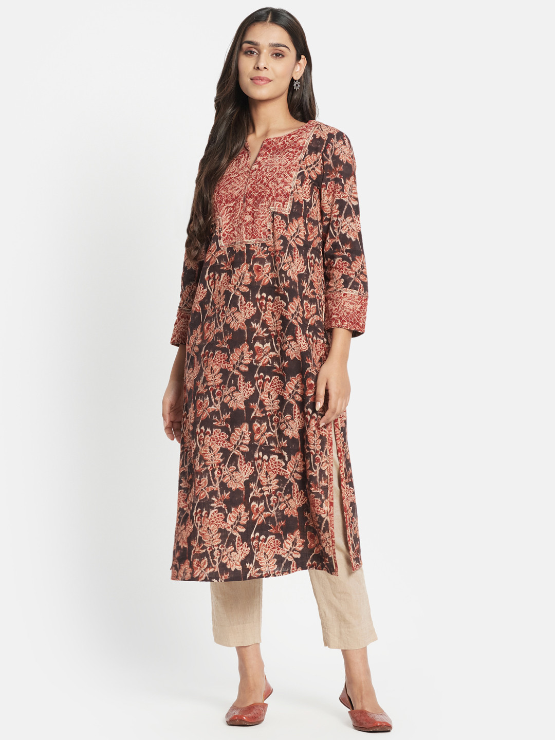 

Fabindia Women Brown & Rust Red Kalamkari Printed Pure Cotton Kurta