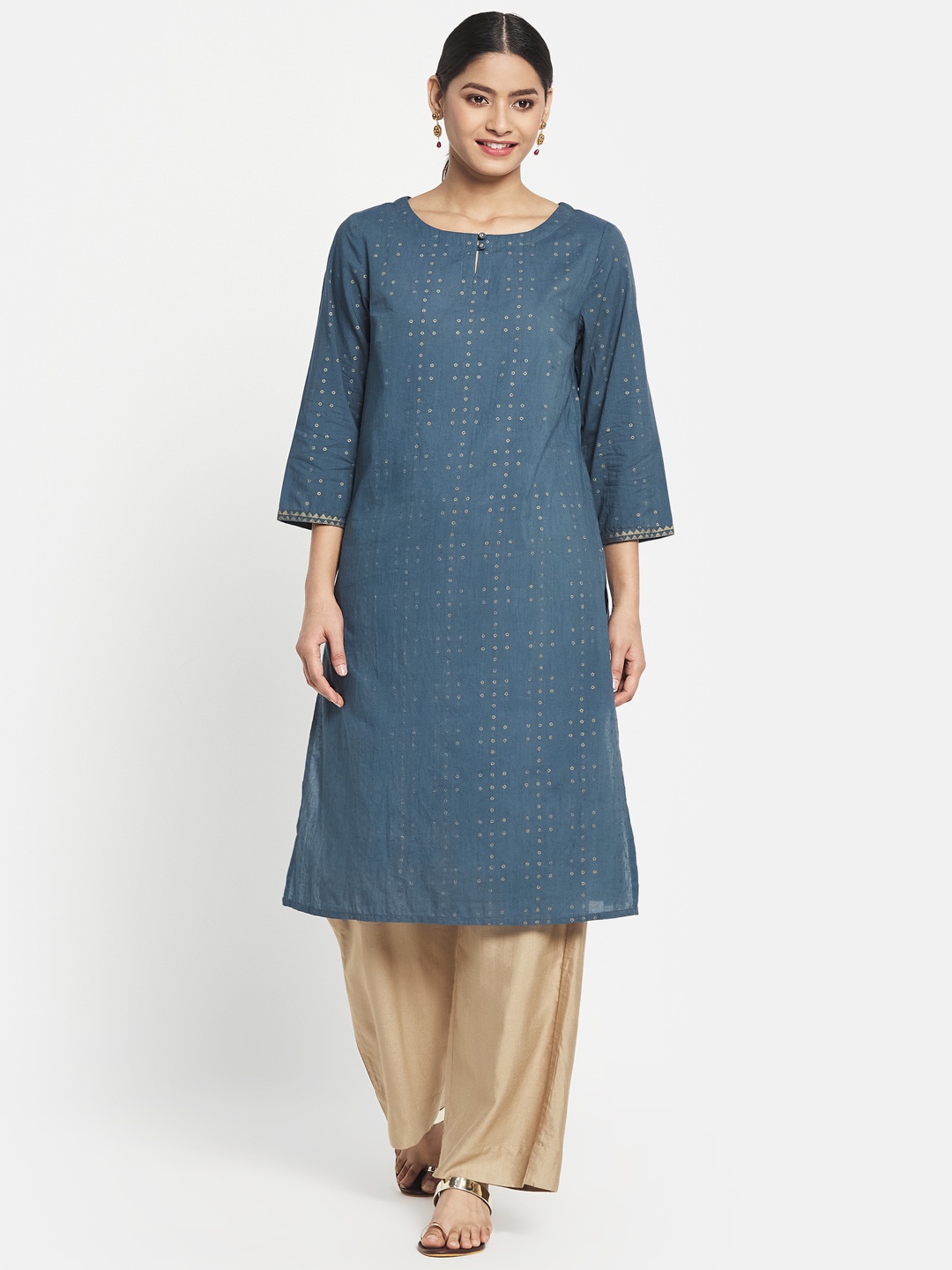 

Fabindia Women Teal Blue & Golden Ethnic Motifs Printed Pure Cotton Kurta