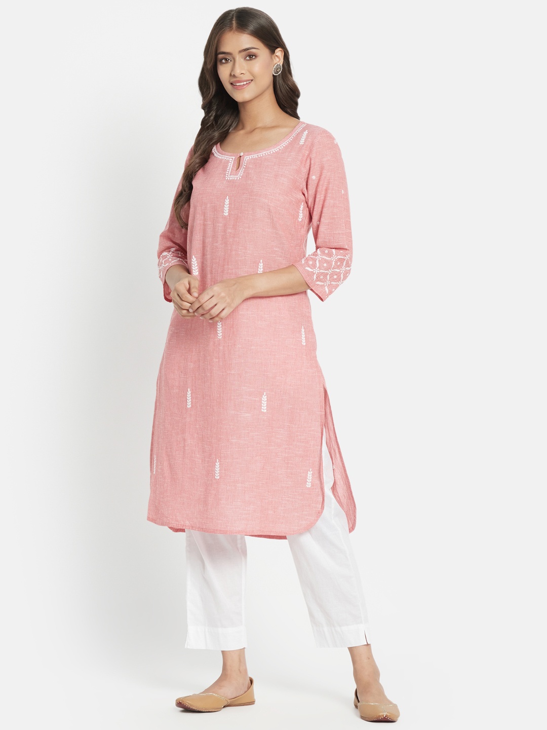 

Fabindia Women Pink & White Pure Cotton Embroidered Keyhole Neck Kurta