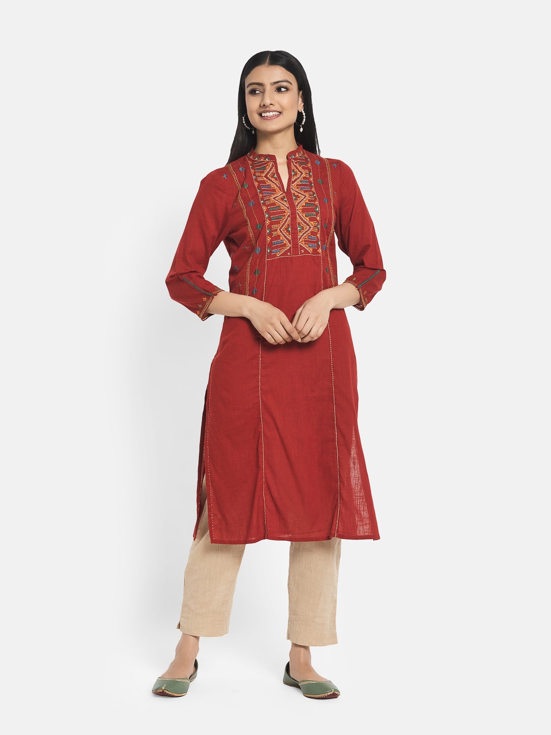 

Fabindia Women Red Pure Cotton Ethnic Motifs Hand Embroidered Thread Work Kurta