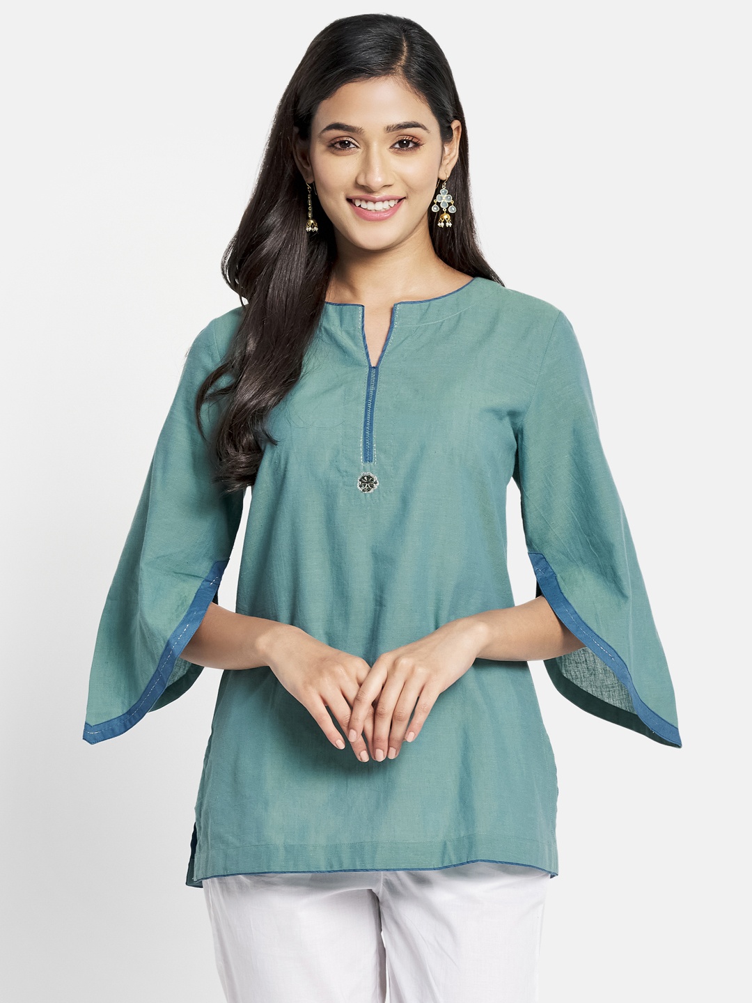 

Fabindia Teal Blue Solid Pure Cotton Kurti