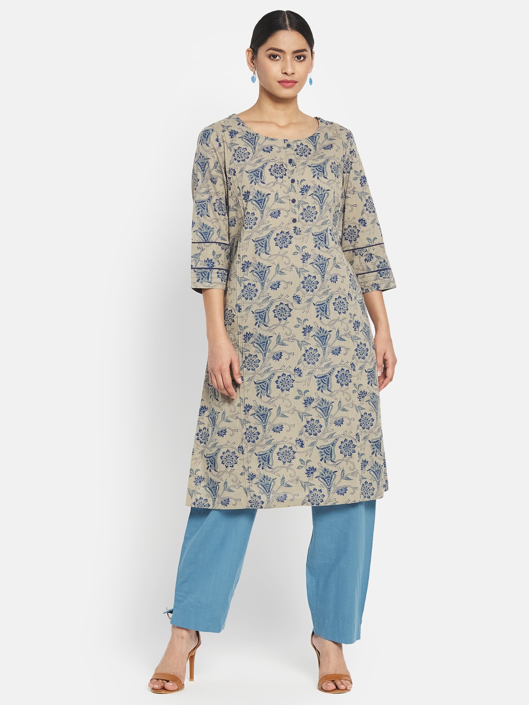 

Fabindia Women Beige & Blue Hand Block Printed Pure Cotton Kurta