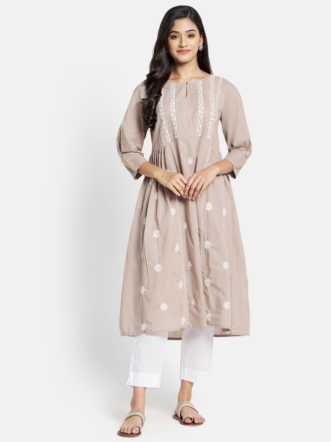 

Fabindia Women Beige & White Ethnic Motifs Embroidered Keyhole Neck Kurta