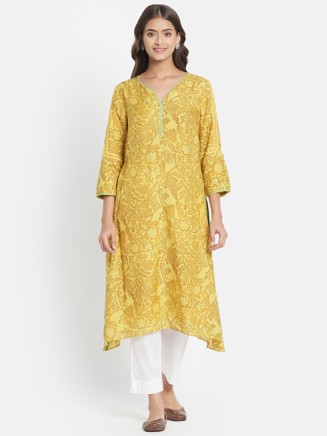 

Fabindia Women Mustard Yellow & Red Hand Block Printed Kurta