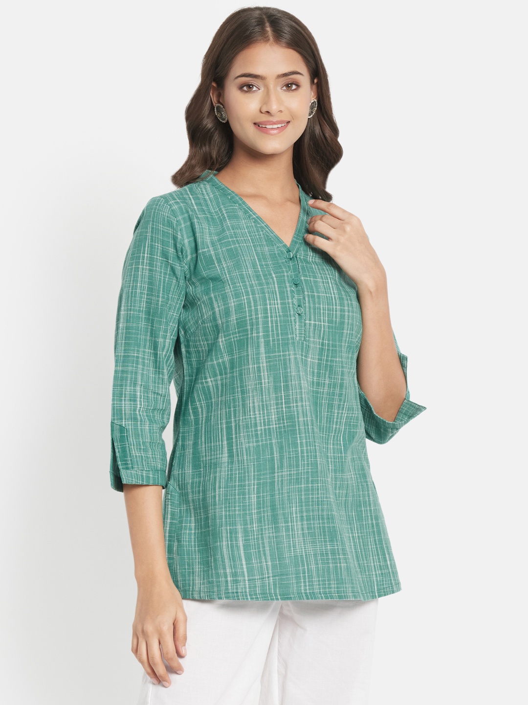 

Fabindia FabBasic Green & White Striped V-Neck Pure Cotton Kurti