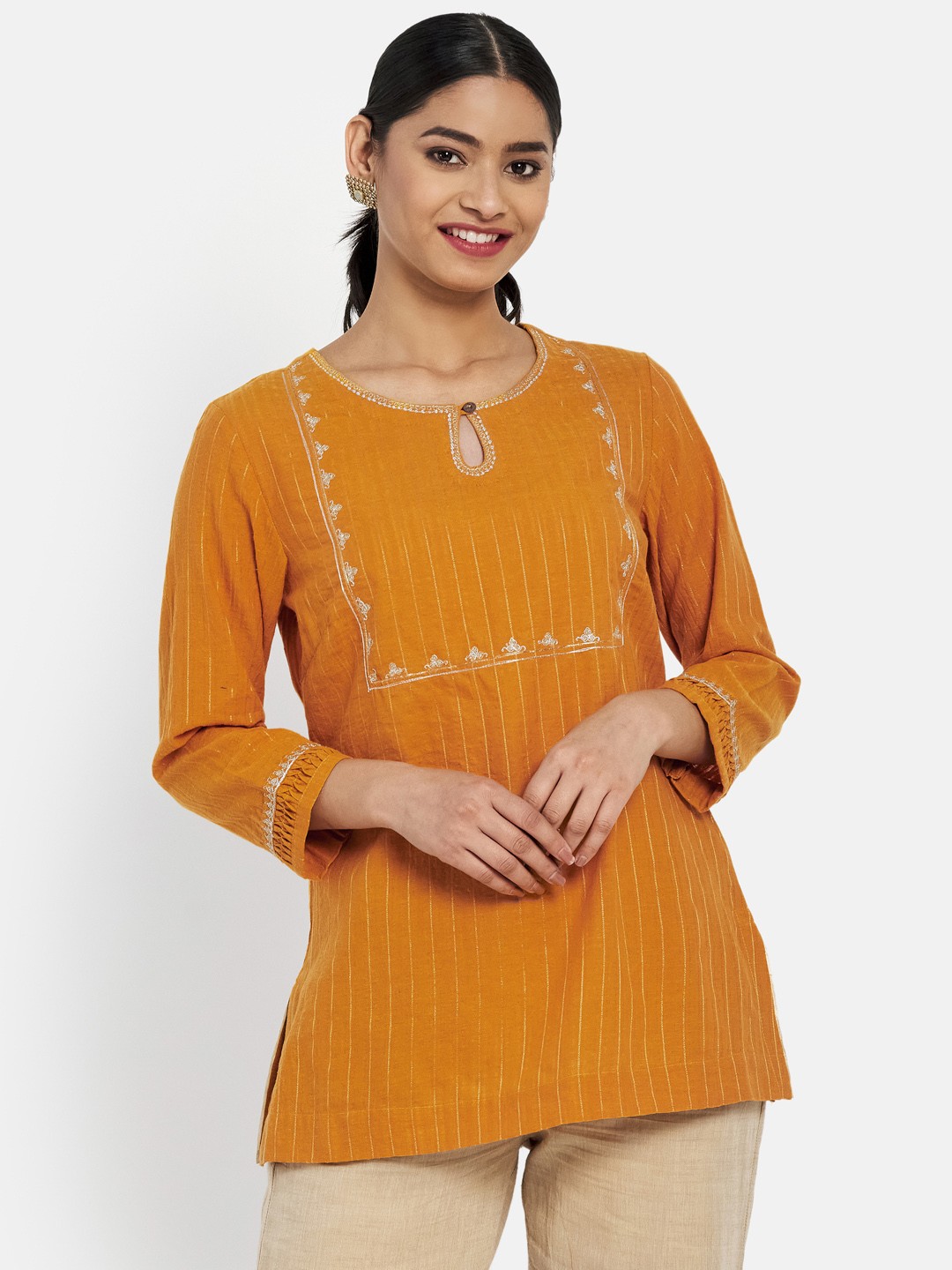 

Fabindia Mustard Yellow & Golden Striped Pure Cotton Thread Work Kurti