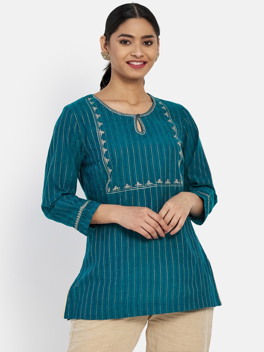 

Fabindia Teal Green & Golden Embroidered Kurti