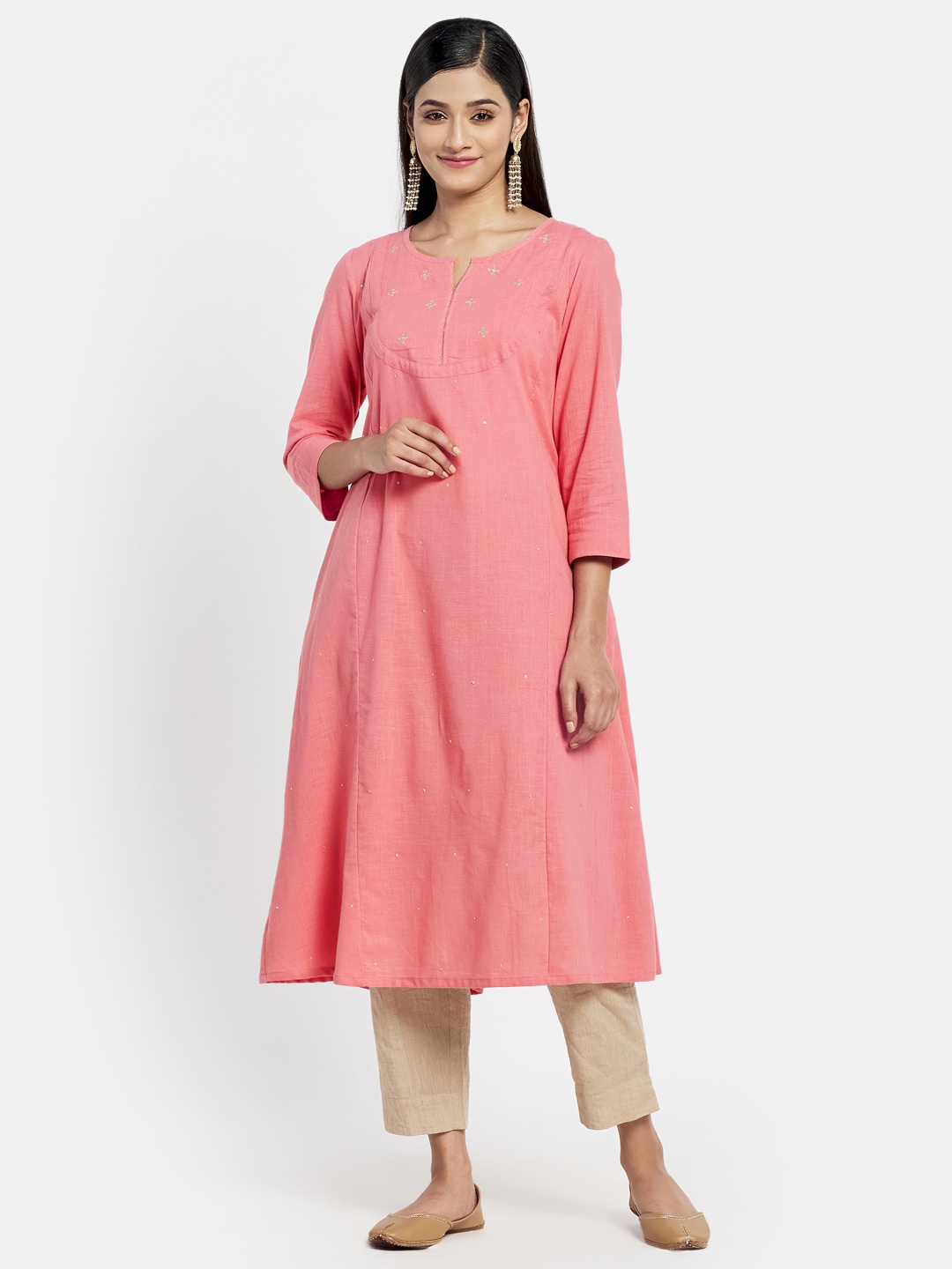 

Fabindia Women Pink & Golden Slim Fit Pure Cotton Sequinned Panelled A-Line Kurta