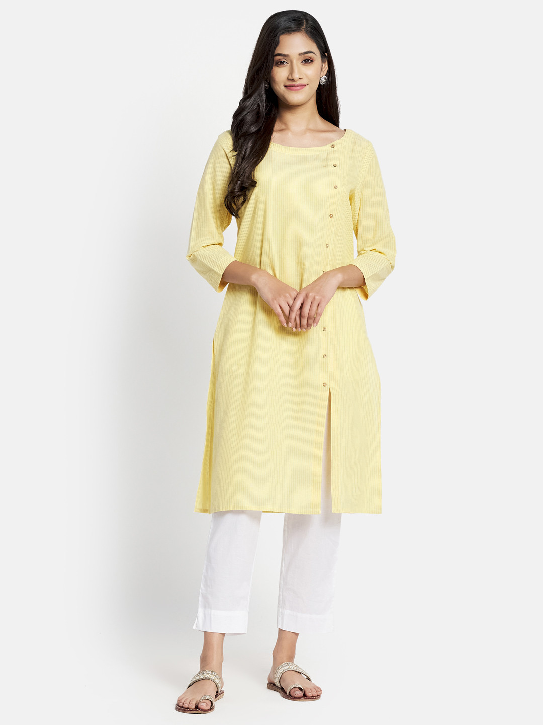 

Fabindia Women Mustard Yellow Pure Cotton Boat Neck Striped Long Kurta