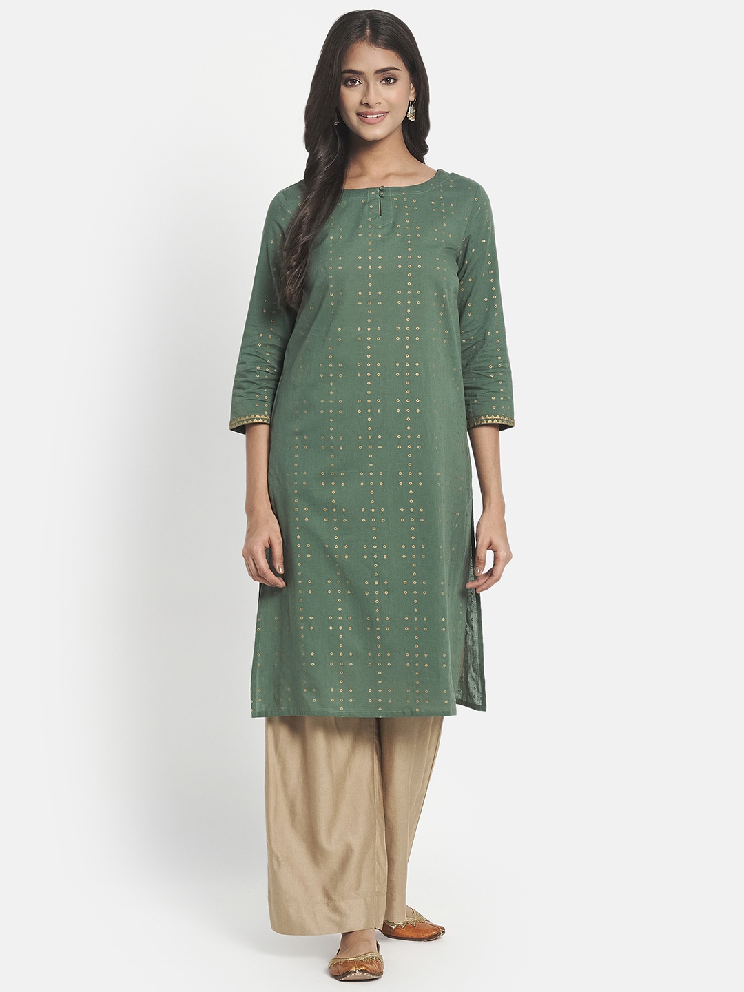 

Fabindia Women Green & Golden Ethnic Motifs Printed Pure Cotton Kurta