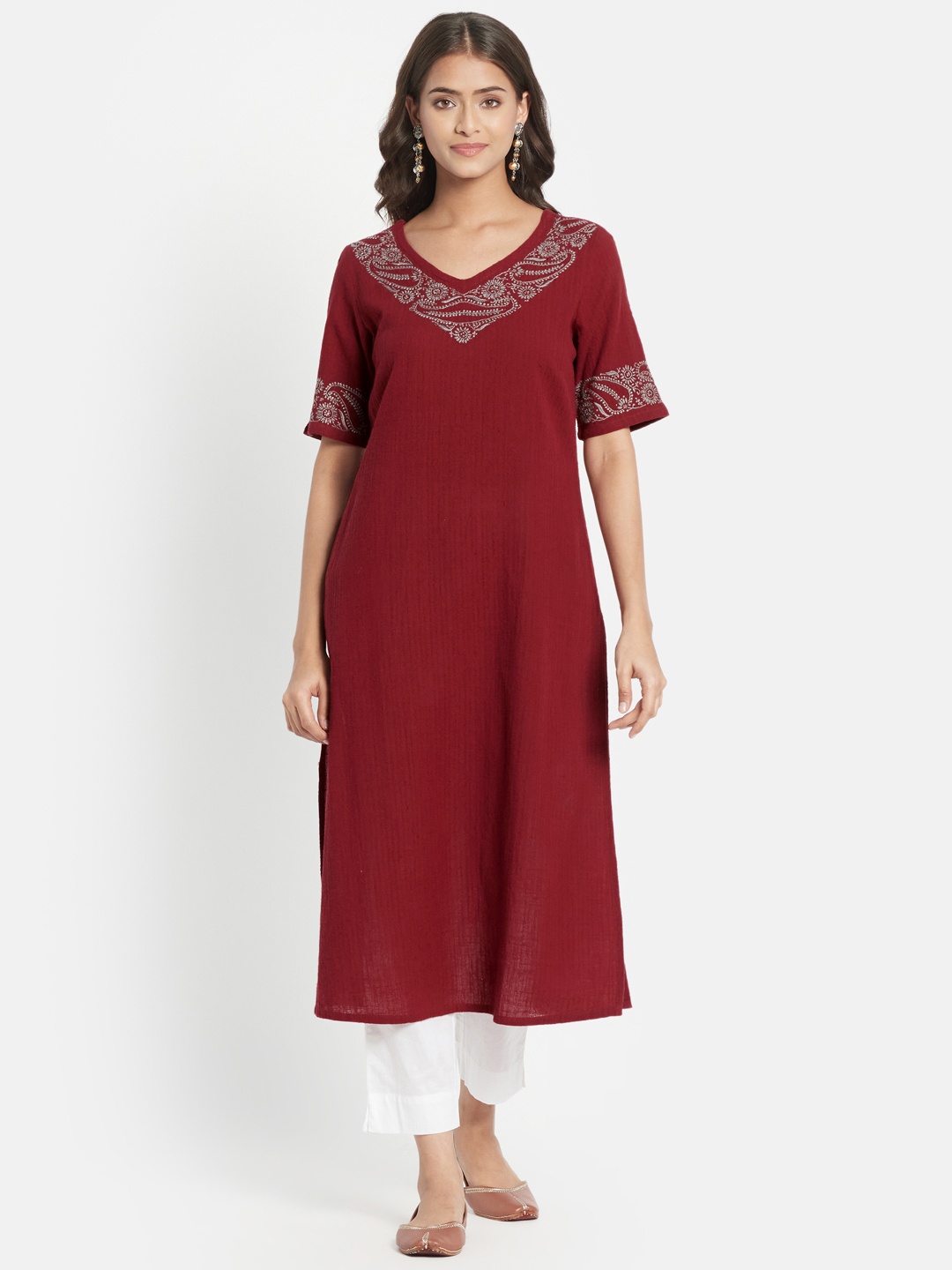 

Fabindia Women Maroon & Grey Pure Cotton Ethnic Motifs Embroidered Kurta