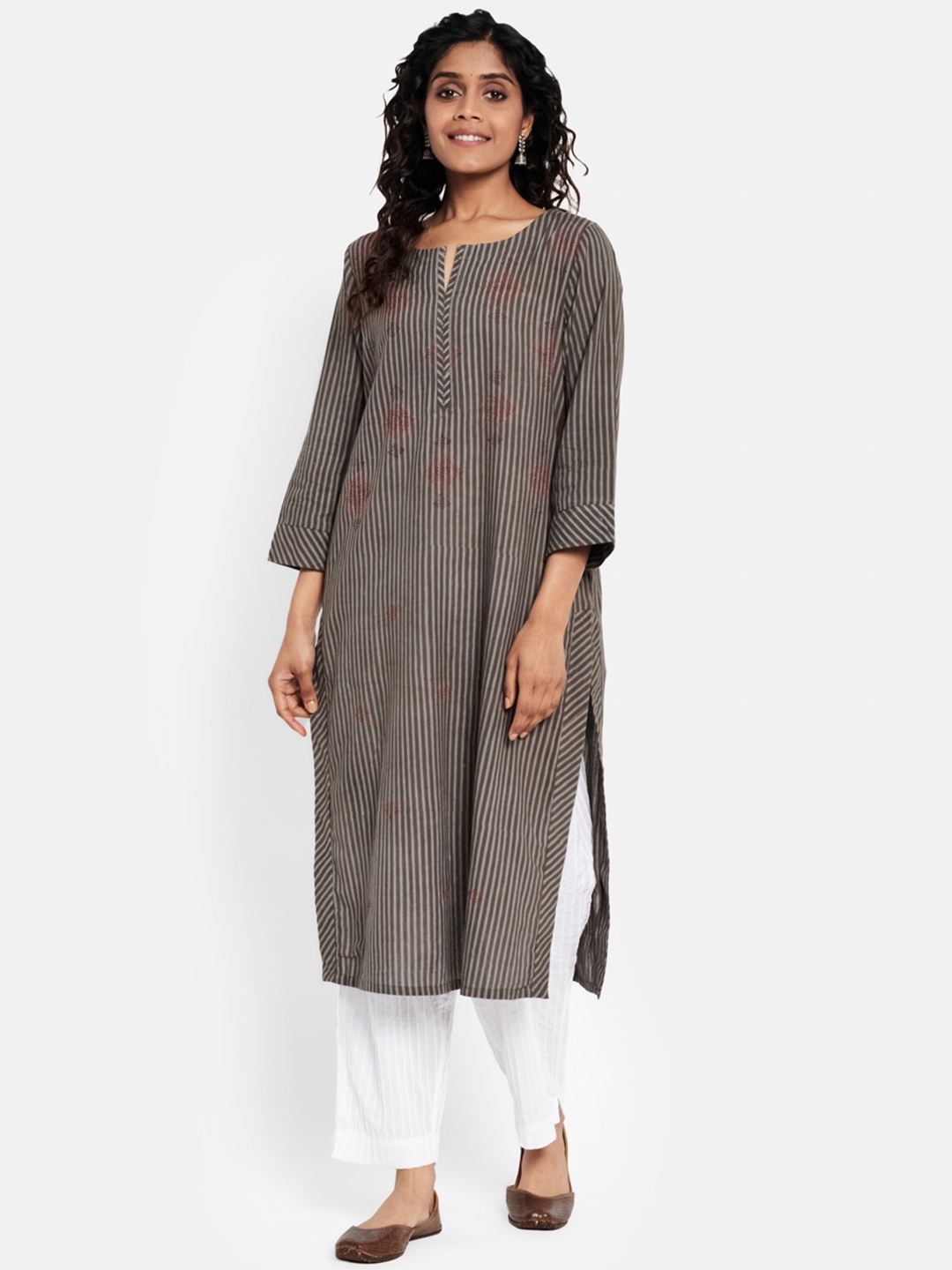 

Fabindia Women Grey Pure Cotton Round Neck Striped Long Kurta