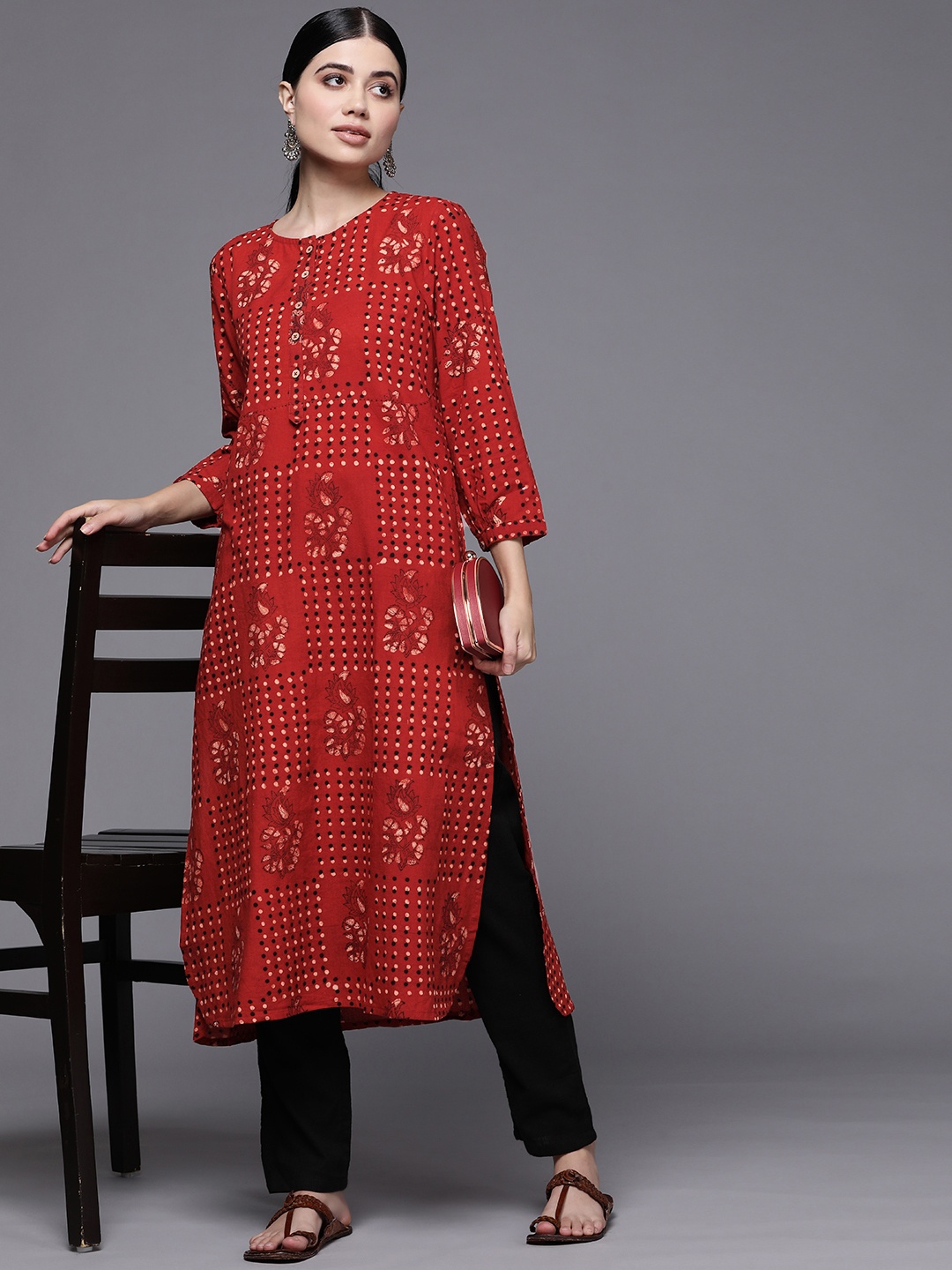 

Fabindia Women Red & Black Ethnic Motifs Printed Pure Cotton Kurta