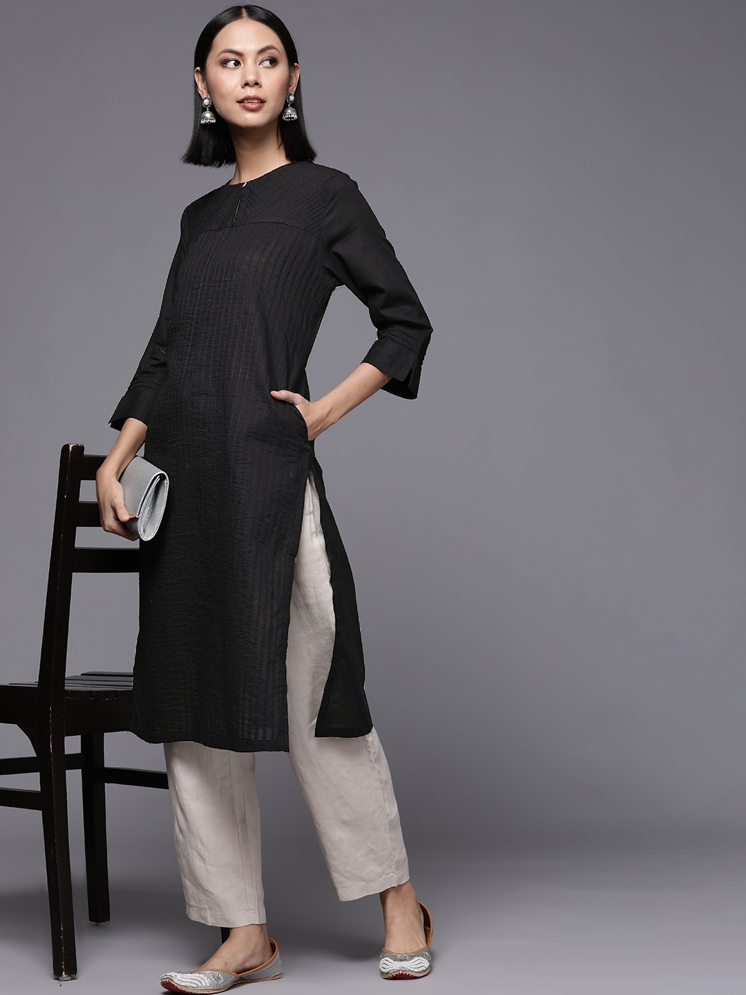 

Fabindia Women Black Solid Gathered & Pleated Pure Cotton Kurta