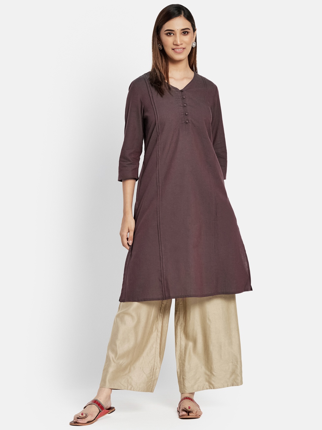 

Fabindia Women Burgundy & Teal Green Dual-Toned Pure Cotton Solid Pintucks Straight Kurta