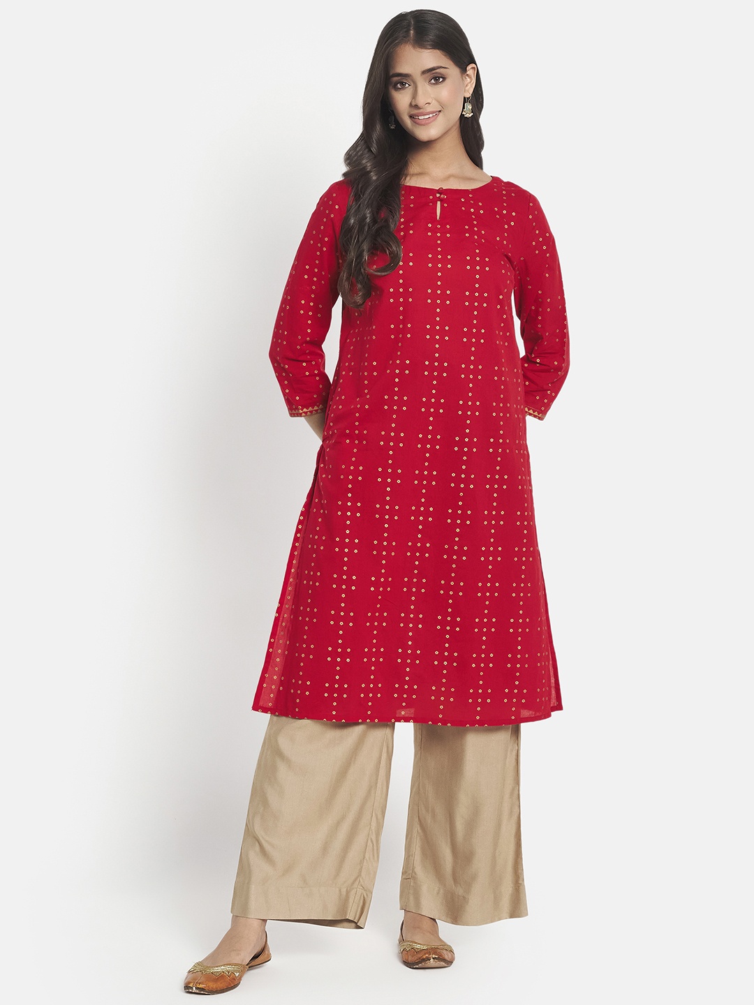 

Fabindia Women Pink & Golden Pure Cotton Printed Keyhole Neck A-Line Kurta