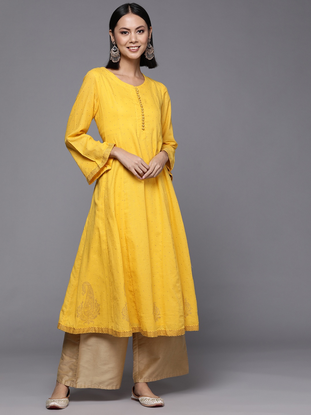 

Fabindia Women Yellow & Golden Paisley Print Flared Sleeves Pure Cotton Anarkali Kurta