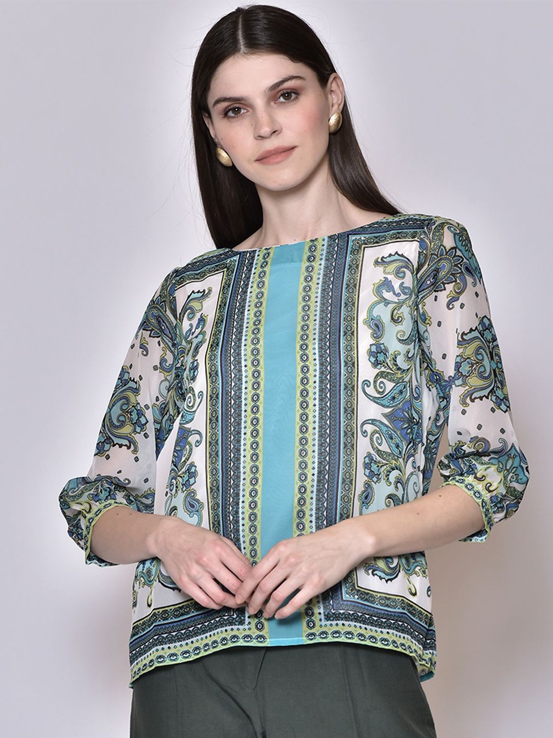 

250 DESIGNS Green & Blue Printed Georgette Top