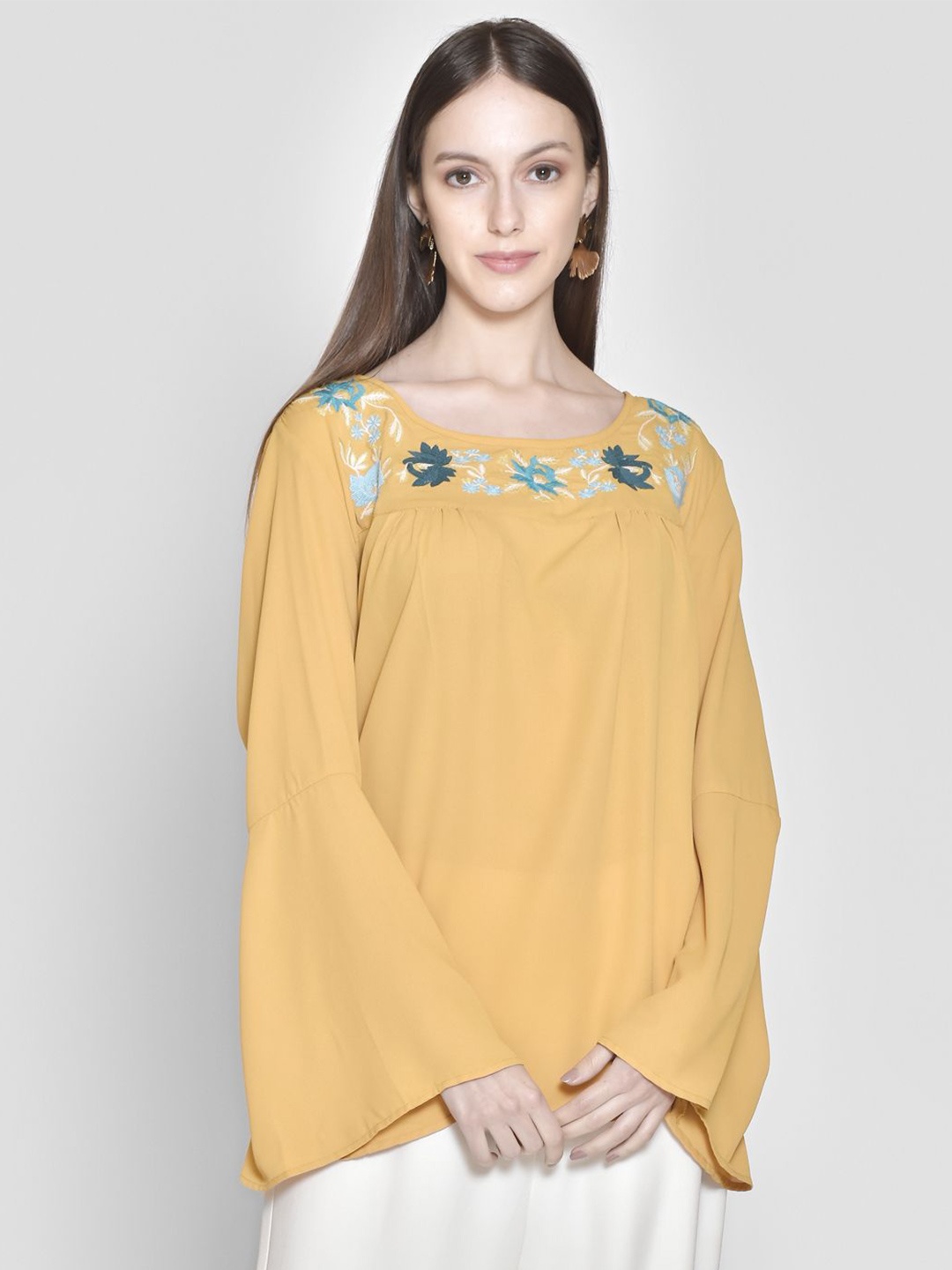 

250 DESIGNS Yellow Solid Embroidered Top