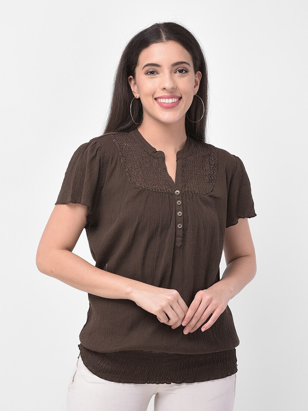 

250 DESIGNS Brown Mandarin Collar Top