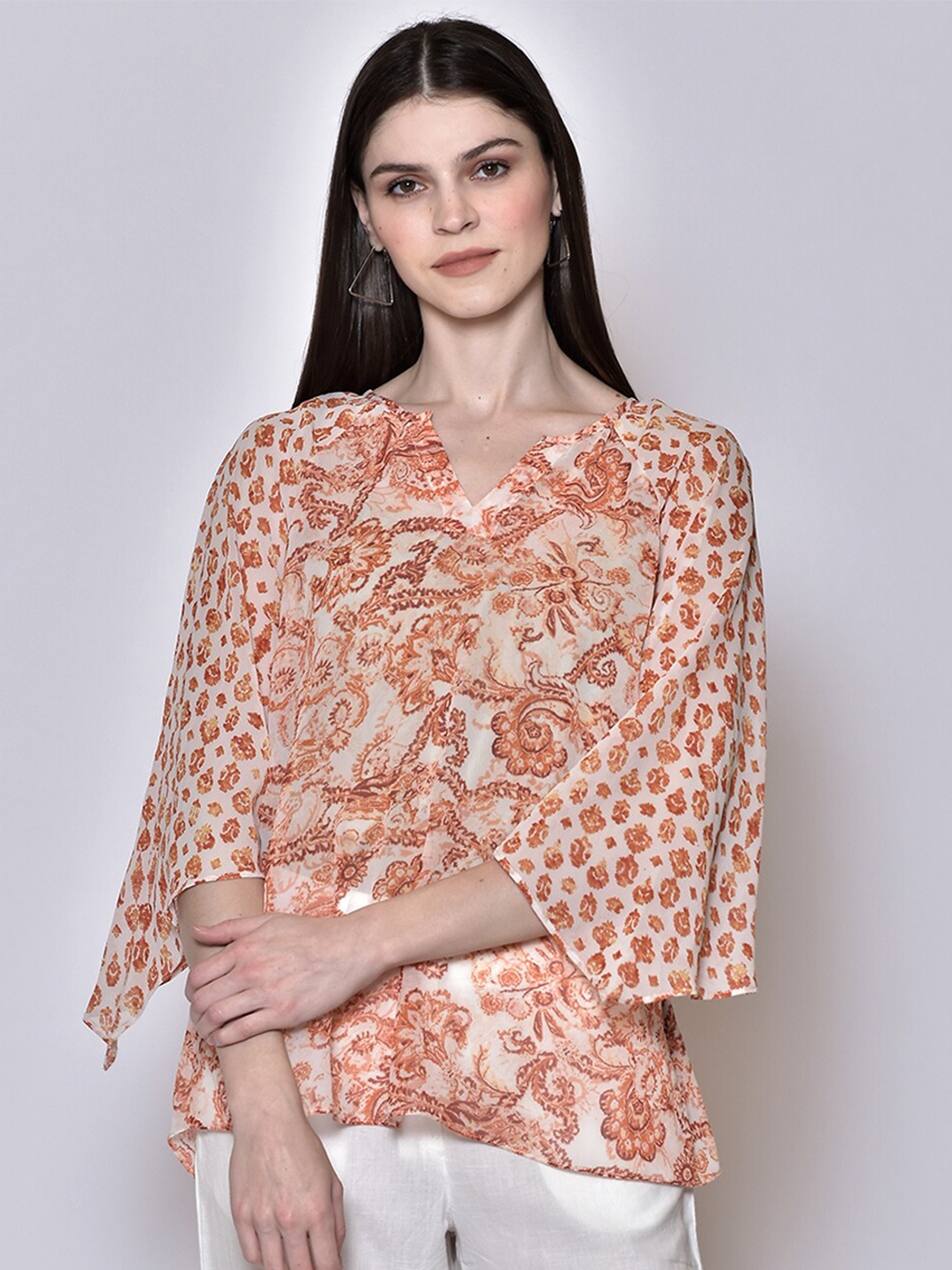 

250 DESIGNS Women Orange Floral Print Georgette Top