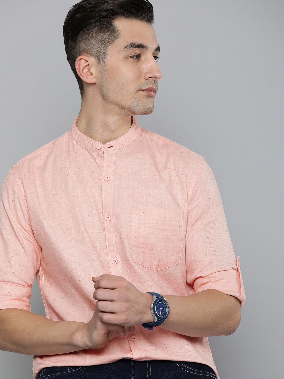 

HERE&NOW Men Peach-Coloured Solid Slim Fit Casual Shirt