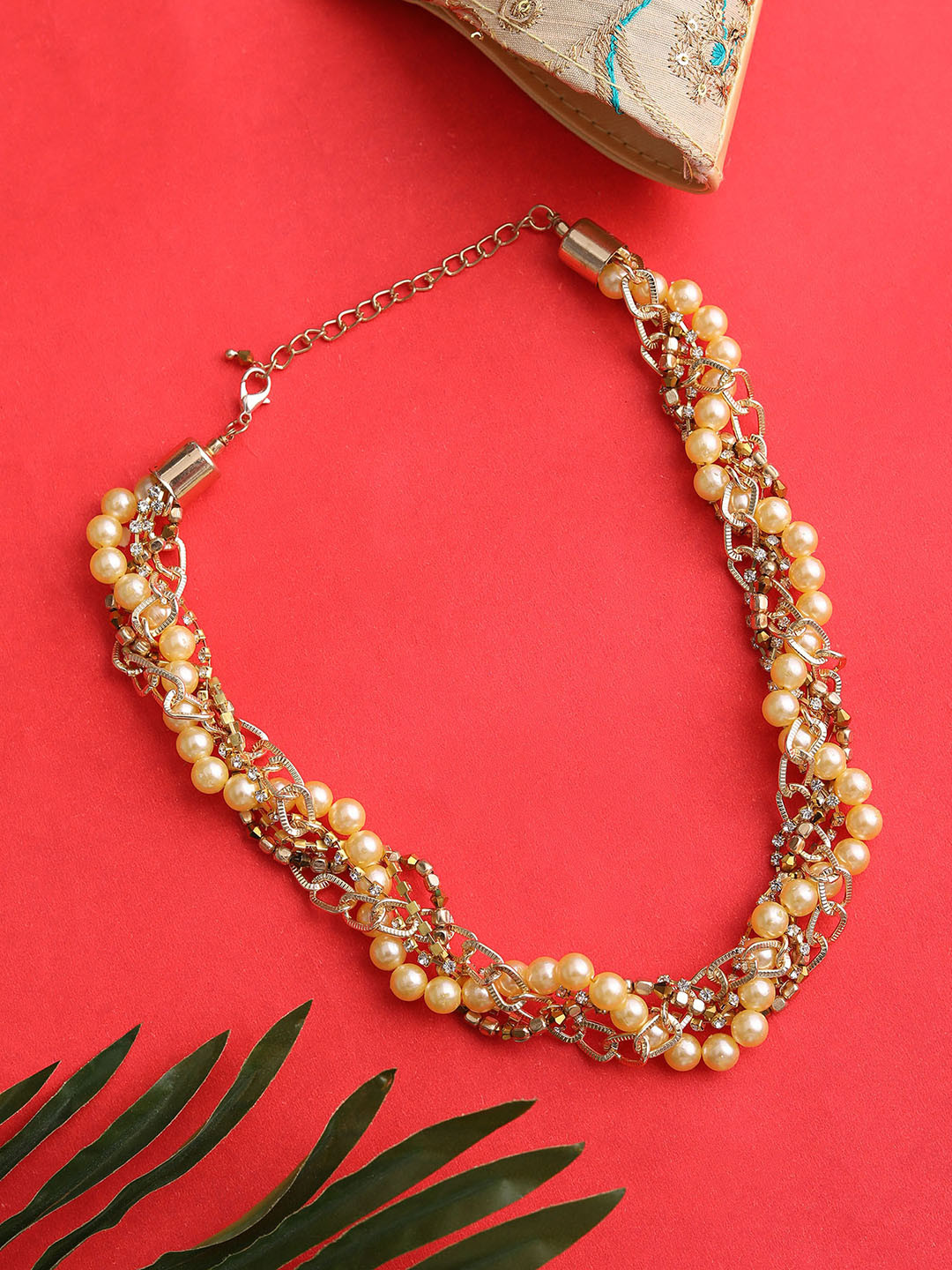 

Blueberry Gold-Toned & Beige Beaded Twisted Collar Necklace