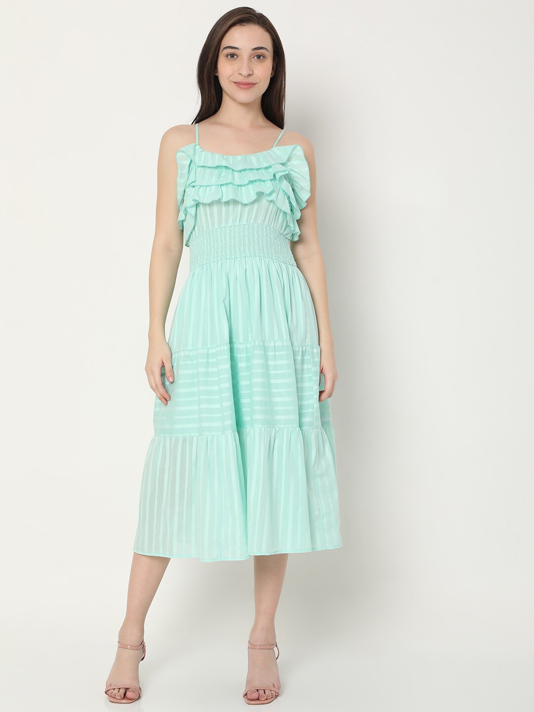 

Vero Moda Green Striped Tiered Midi Dress